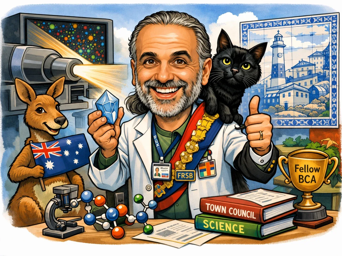 Desenho do David de bata, com um cristal na mão e um gato preto ao ombro, um canguru com uma bandeira australiana, azulejos portugueses, uma linha de luz de raios X, um troféu de Fellow da BCA e livros com os títulos Town Council e Science.